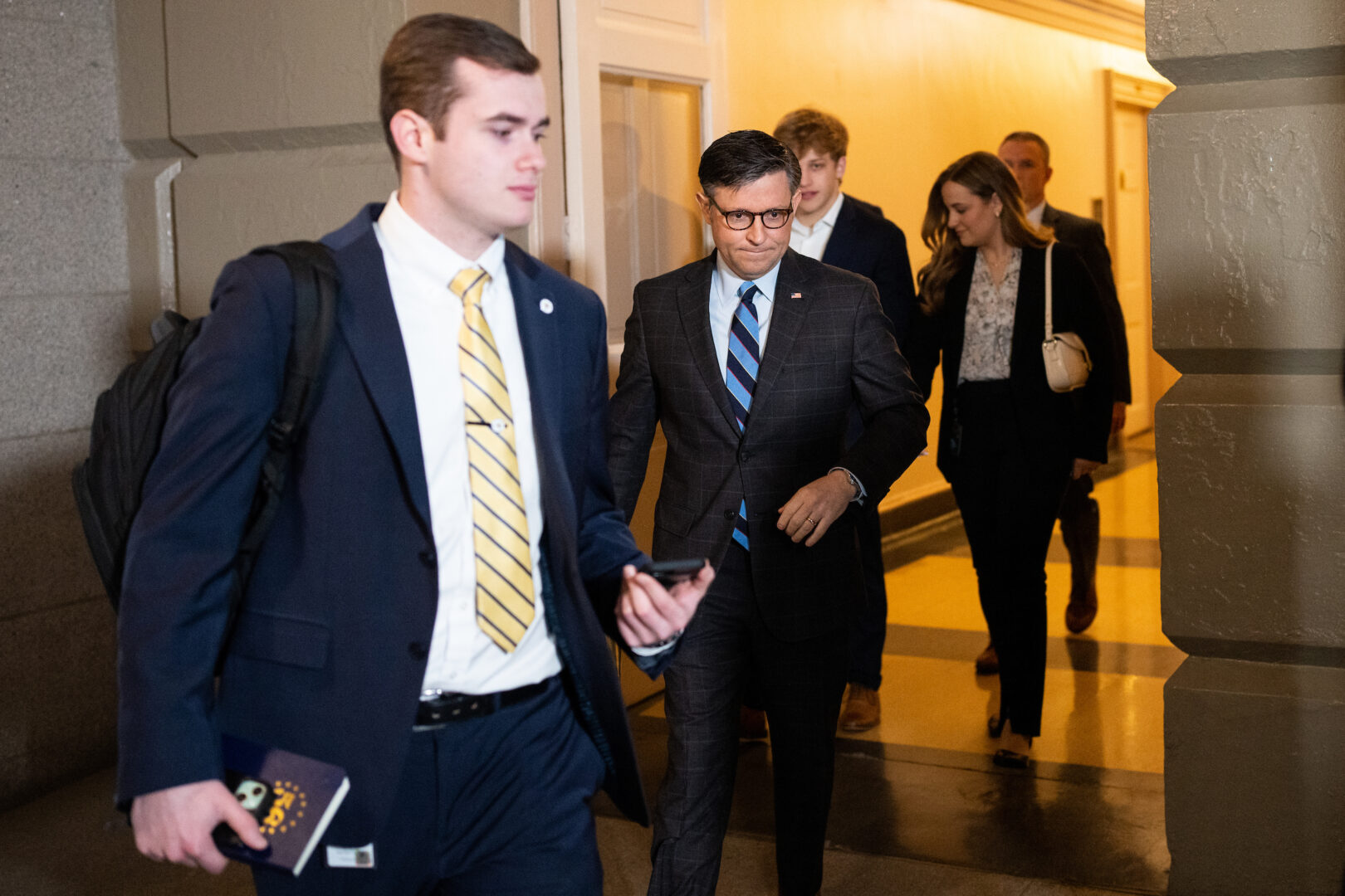 Speaker Mike Johnson, R-La., arrives for the House Republican Conference meeting in the Capitol on Tuesday. 