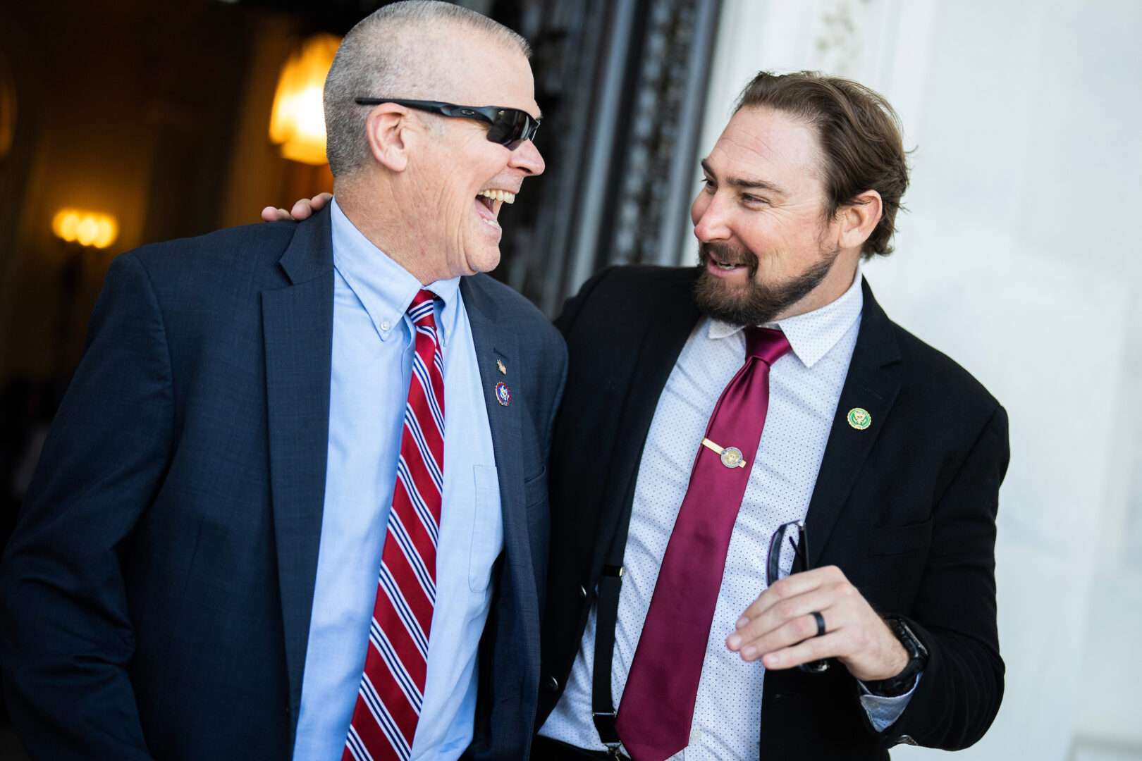 Reps. Eli Crane, R-Ariz., right, and Matt Rosendale, R-Mont., leave the House after the last votes of the week on Sept. 14. 