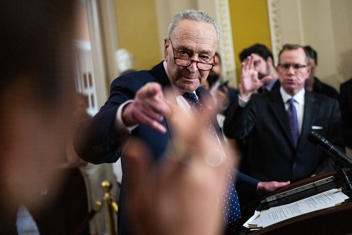 Senate Majority Leader Charles E. Schumer conducts a news conference after the Senate luncheons in the Capitol on Tuesday.