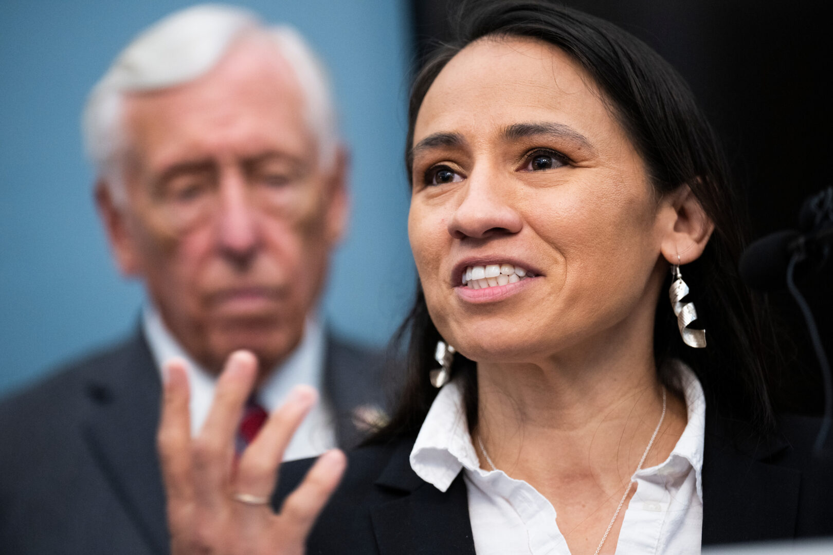 Rep. Sharice Davids, D-Kan., and Rep. Steny Hoyer, D-Md., conduct a news conference on June 23, 2022. 