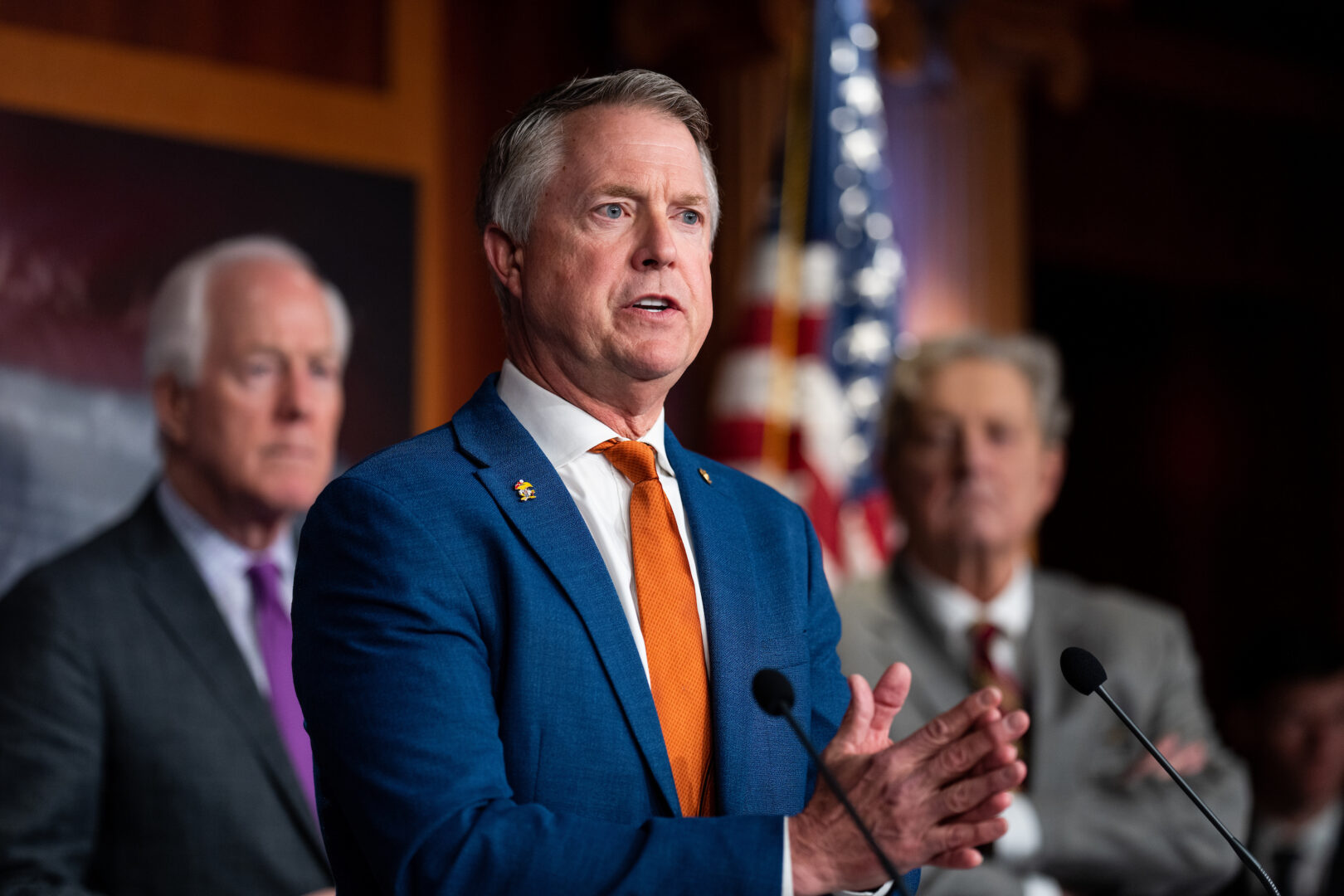 Sen. Roger Marshall, R-Kan., speaks during a news conference in March. He has reintroduced a bill aimed at streamlining the prior authorization process for Medicare Advantage.