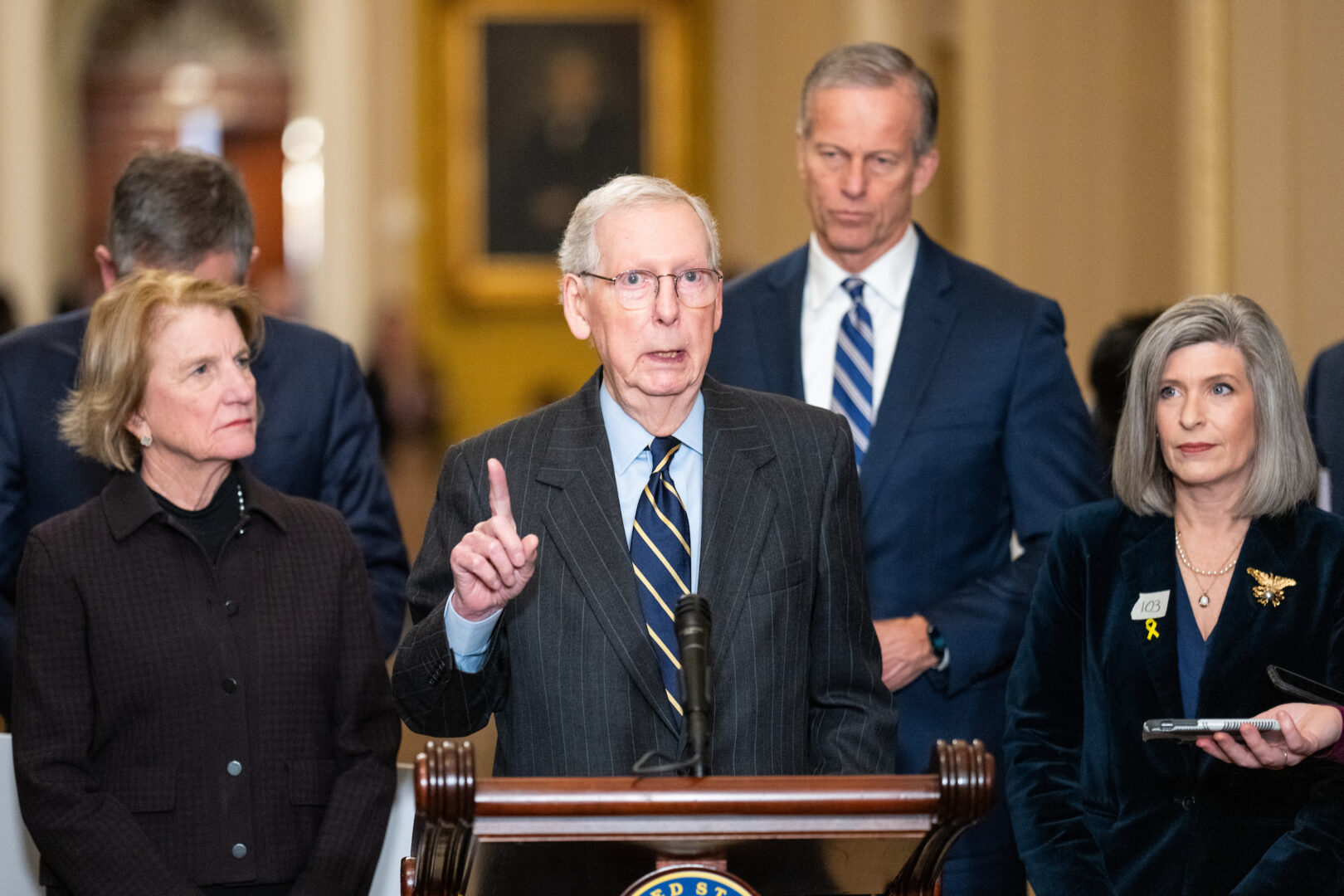 Senate Minority Leader Mitch McConnell, R-Ky., speaks during the Senate Republicans’ weekly news conference in the Capitol on Jan.  17, flanked by, from left, Sens. Shelley Moore Capito, R-W.Va.;  John Thune, R-S.D.; and Joni Ernst, R-Iowa. 