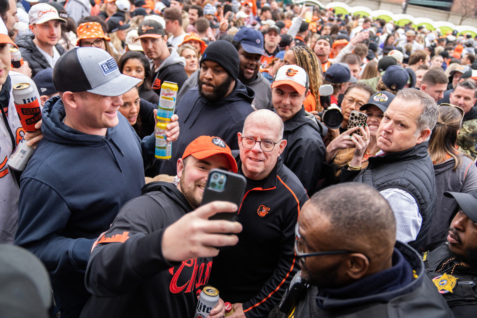 Former Maryland Gov. Larry Hogan, a Republican now vying for U.S. Senate, greets fans outside Camden Yards before the Baltimore Orioles' opening game of the season on March 28. 