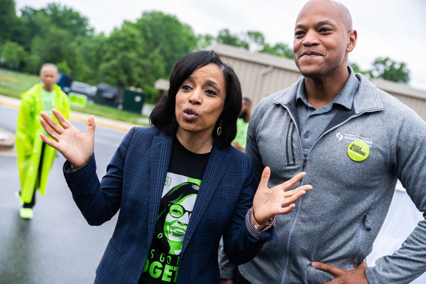 Senate candidate Angela Alsobrooks and Gov. Wes Moore, D-Md., film a video message at Lewisdale Elementary School in Chillum, Md., on Tuesday. 