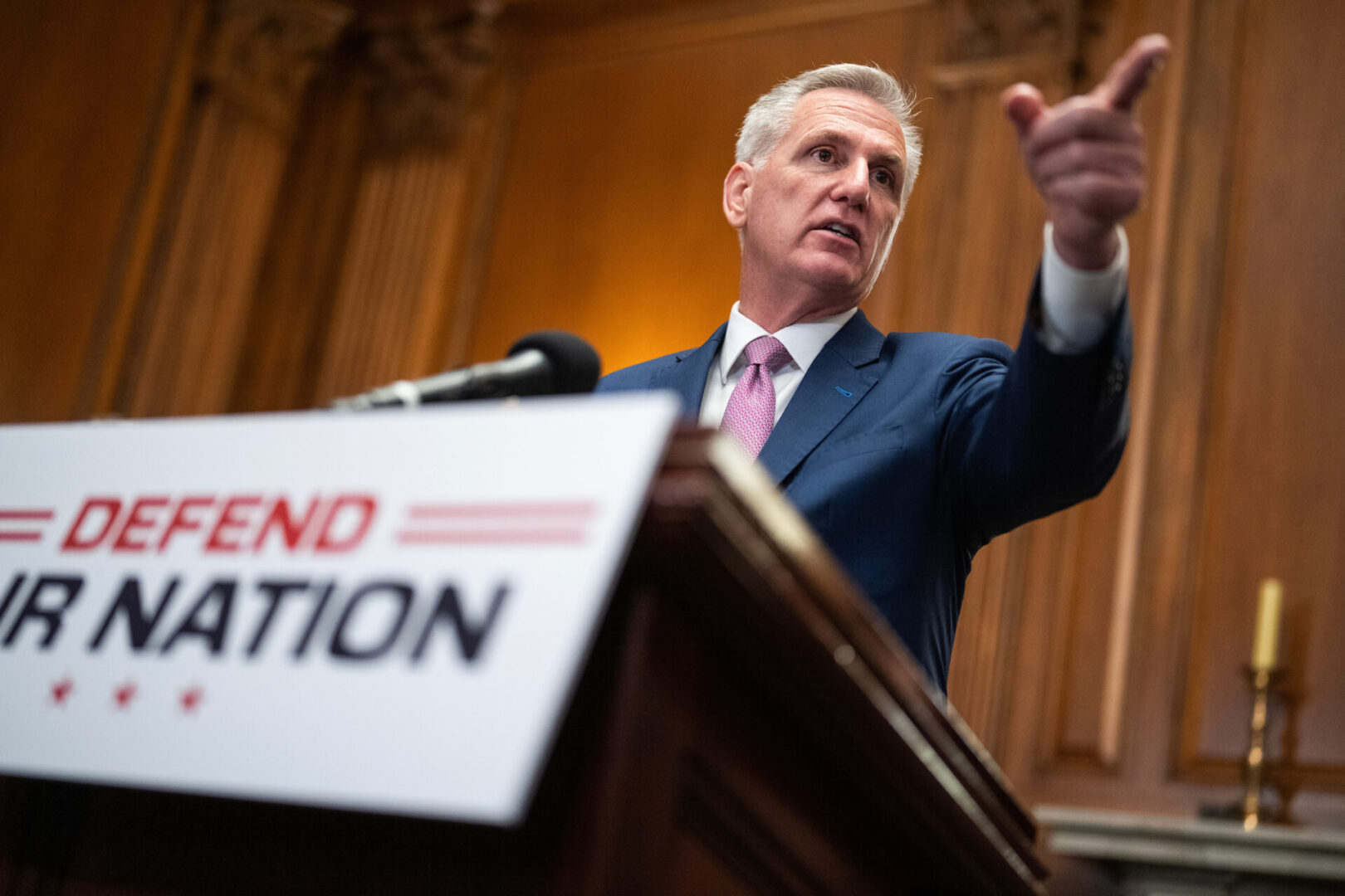 Speaker Kevin McCarthy, R-Calif., conducts a news conference in the Capitol after the House passed the National Defense Authorization Act on Friday. 