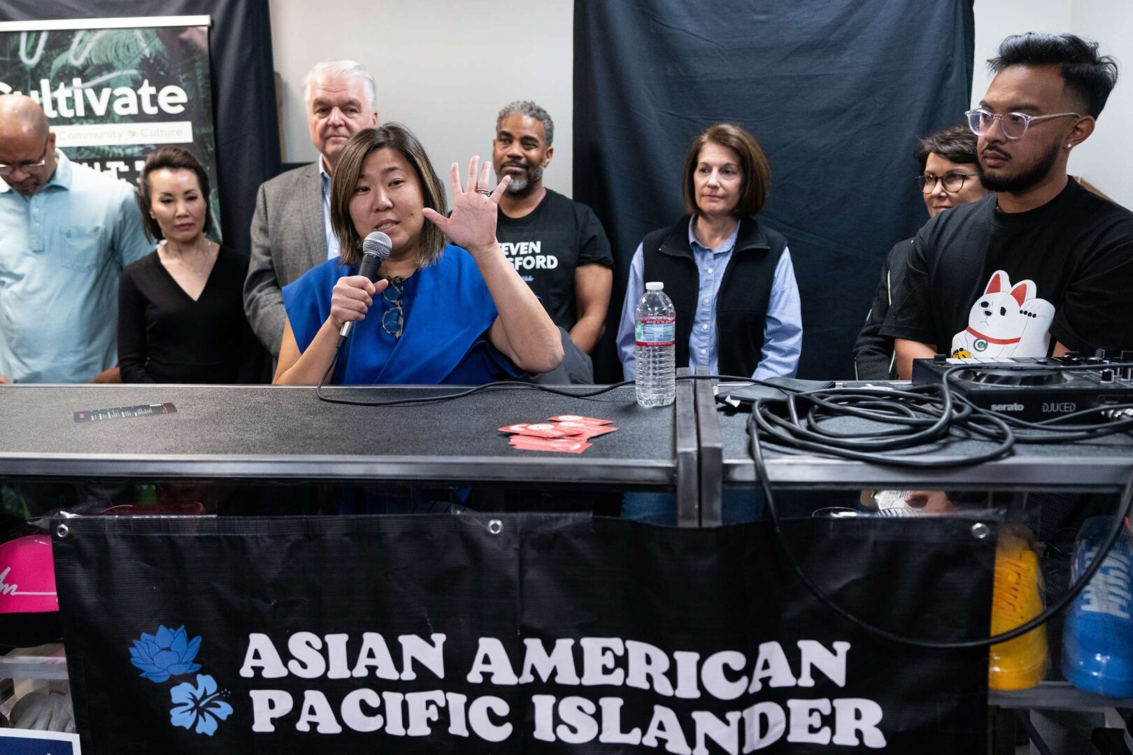 Rep. Grace Meng, D-N.Y., speaks during the Asian American Pacific Islander Democratic Caucus event at Shanghai Plaza in Las Vegas on  October 22, the first day of early voting in Nevada. In the background are Democratic Gov. Steve Sisolack and Rep. Steven Horsford, D-Nev., Sen. Catherine Cortez Masto, D-Nev., and Sen. Jacky Rosen, D-Nev. The results of the House Democrats' races and Cortez Masto's Senate campaign might presage what kind of nationwide results we can expect in the 2022 midterm elections. 