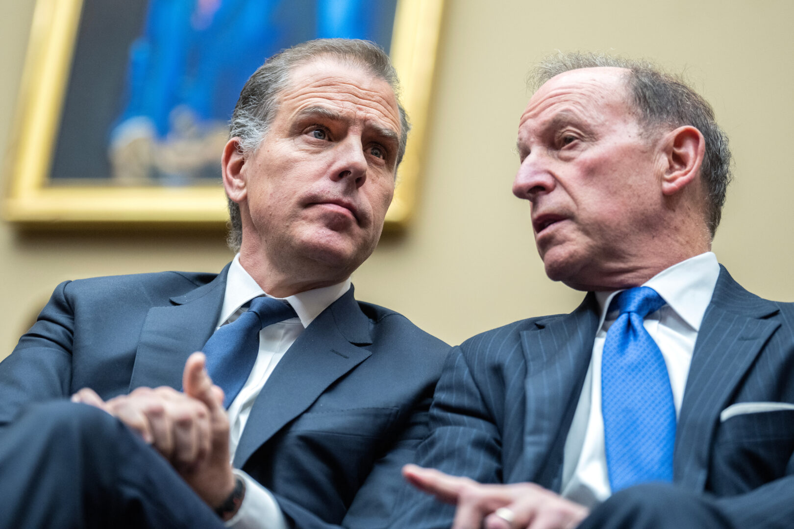 Hunter Biden, left, and his attorney Abbe Lowell attend a House Oversight and Accountability Committee markup last week on whether the House should hold the president's son in contempt of Congress. 