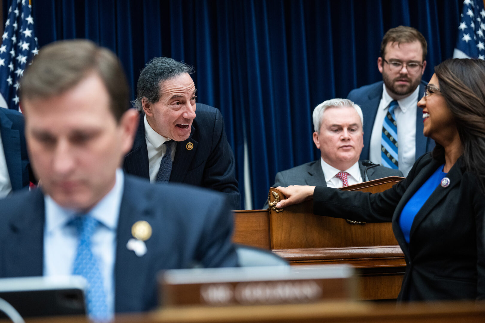 From left, Rep. Dan Goldman, D-N.Y., ranking member Rep. Jamie Raskin, D-Md., Chairman James R. Comer, R-Ky., and Rep. Lauren Boebert, R-Colo., attend the House Oversight and Accountability Committee hearing on Wednesday. 