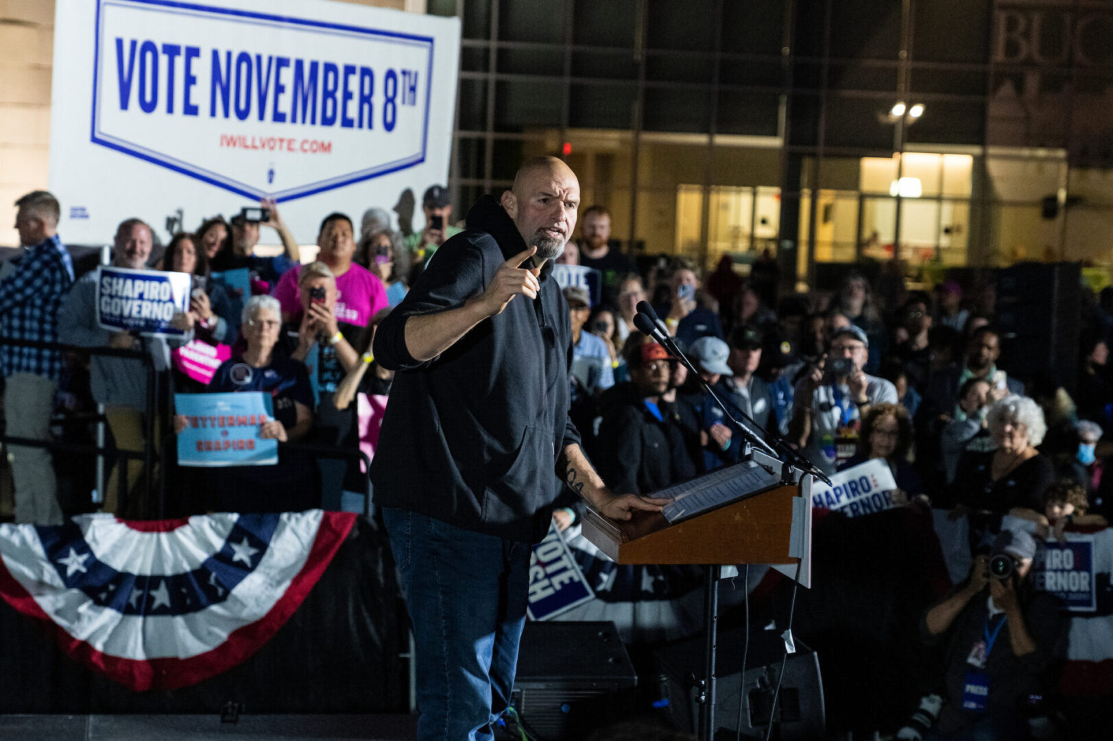 Democratic Senate candidate John Fetterman speaks Sunday during a rally in Newtown, Pa. Fetterman's race against Republican Mehmet Oz is rated a Toss-up. 