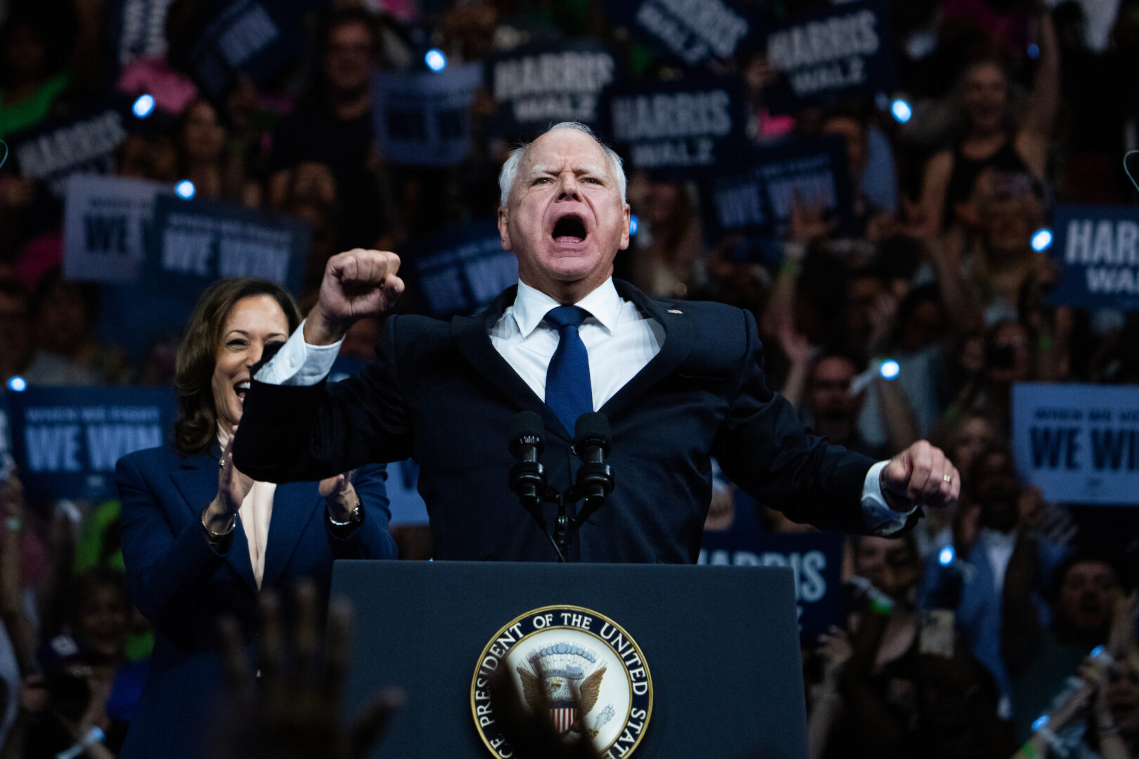 Minnesota Gov. Tim Walz fires up the crowd at The Liacouras Center in Philadelphia on Tuesday during his first appearance as Vice President Kamala Harris' running mate.