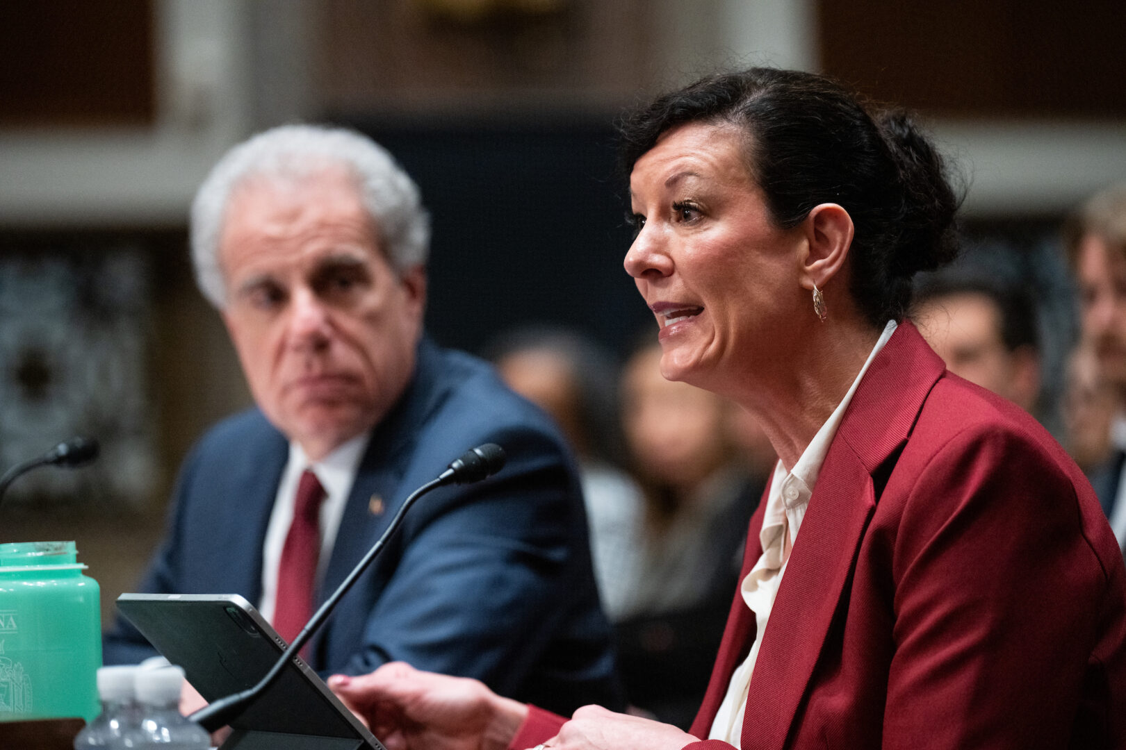 Bureau of Prisons Director Colette Peters testifies as Justice Department Inspector General Michael Horowitz listens during the Senate Judiciary Committee hearing on deaths in federal prisons. 