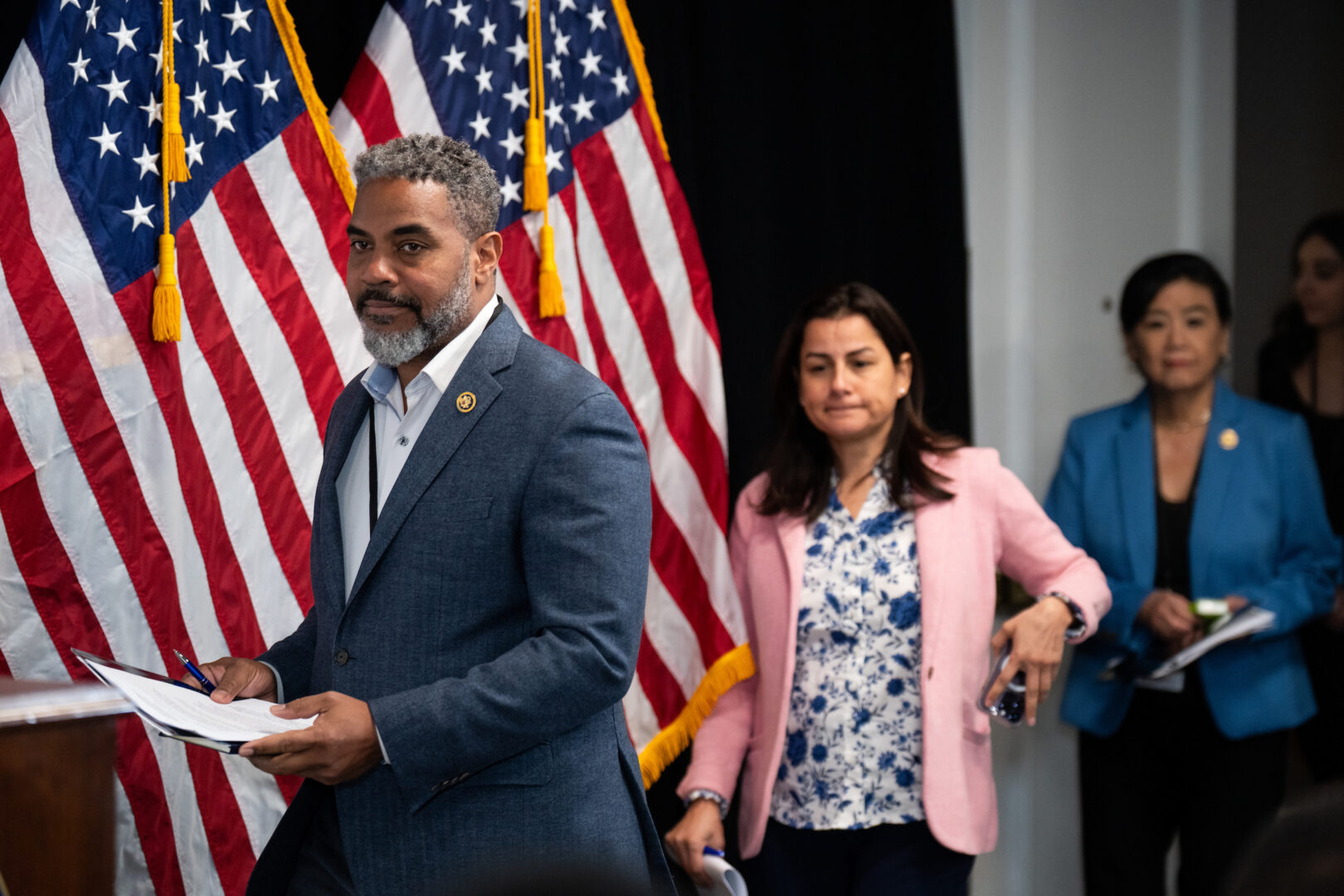 Leaders of three powerful minority caucuses in Congress want to see a revival of the House’s diversity office. From left, Congressional Black Caucus Chair Steven Horsford, Congressional Hispanic Caucus Chair Nanette Barragán and Congressional Asian Pacific American Caucus Chair Judy Chu arrive for a news conference at a Democratic retreat in Leesburg, Va., on Feb. 8.