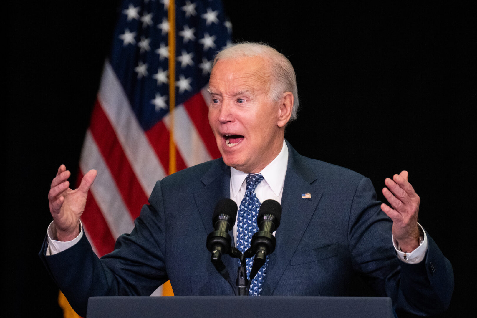 President Joe Biden speaks to House Democrats on Thursday at the House Democrats 2024 Issues Conference in Leesburg, Va. 