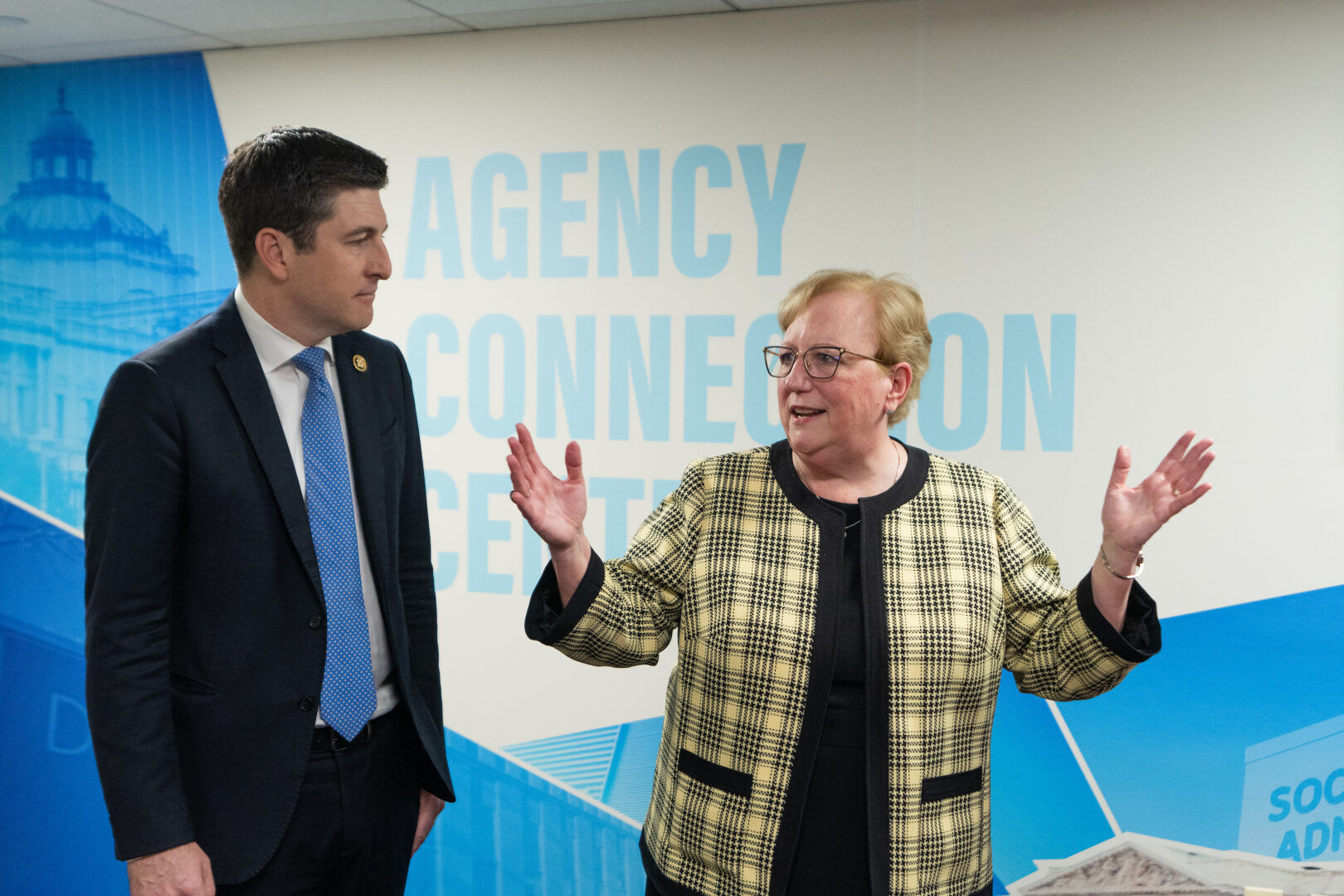 House Administration Chairman Bryan Steil joins Chief Administrative Officer Catherine Szpindor ahead of a ribbon-cutting ceremony Tuesday for the new “Agency Connection Center” in the Longworth Building.