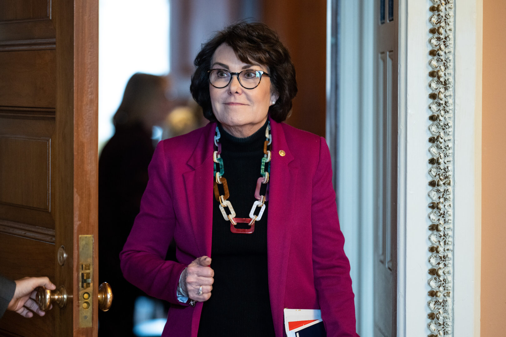 Sen. Jacky Rosen, D-Nev., leaves the Senate Democrats’ weekly lunch in the Capitol last month. 