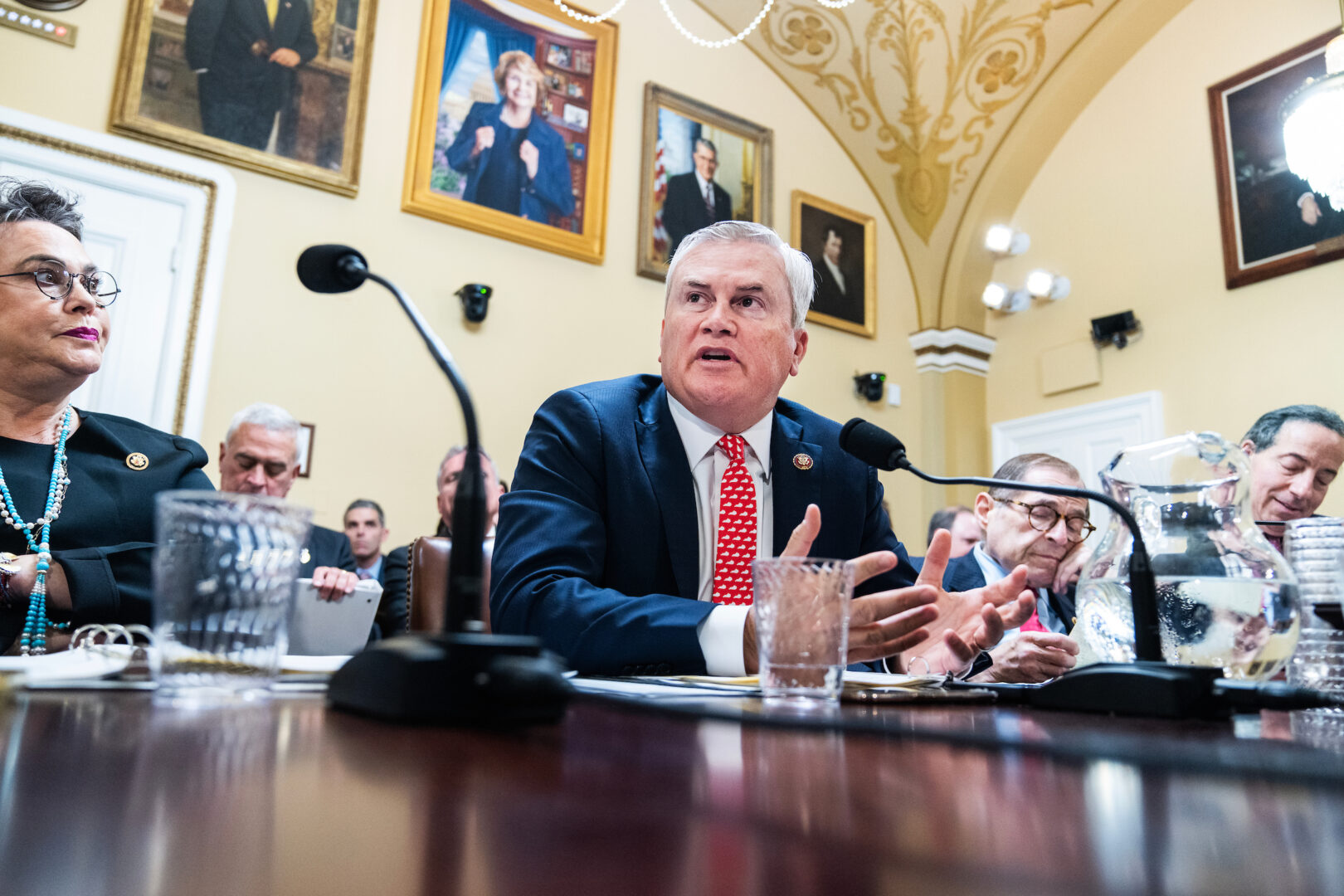 From left, Reps. Harriet Hageman, R-Wyo., James  R. Comer, R-Ky., Jerrold Nadler, D-N.Y., and Jamie Raskin, D-Md., testify Tuesday on a resolution recommending that the House find Attorney General Merrick B. Garland in contempt of Congress, during a House Rules Committee meeting. 