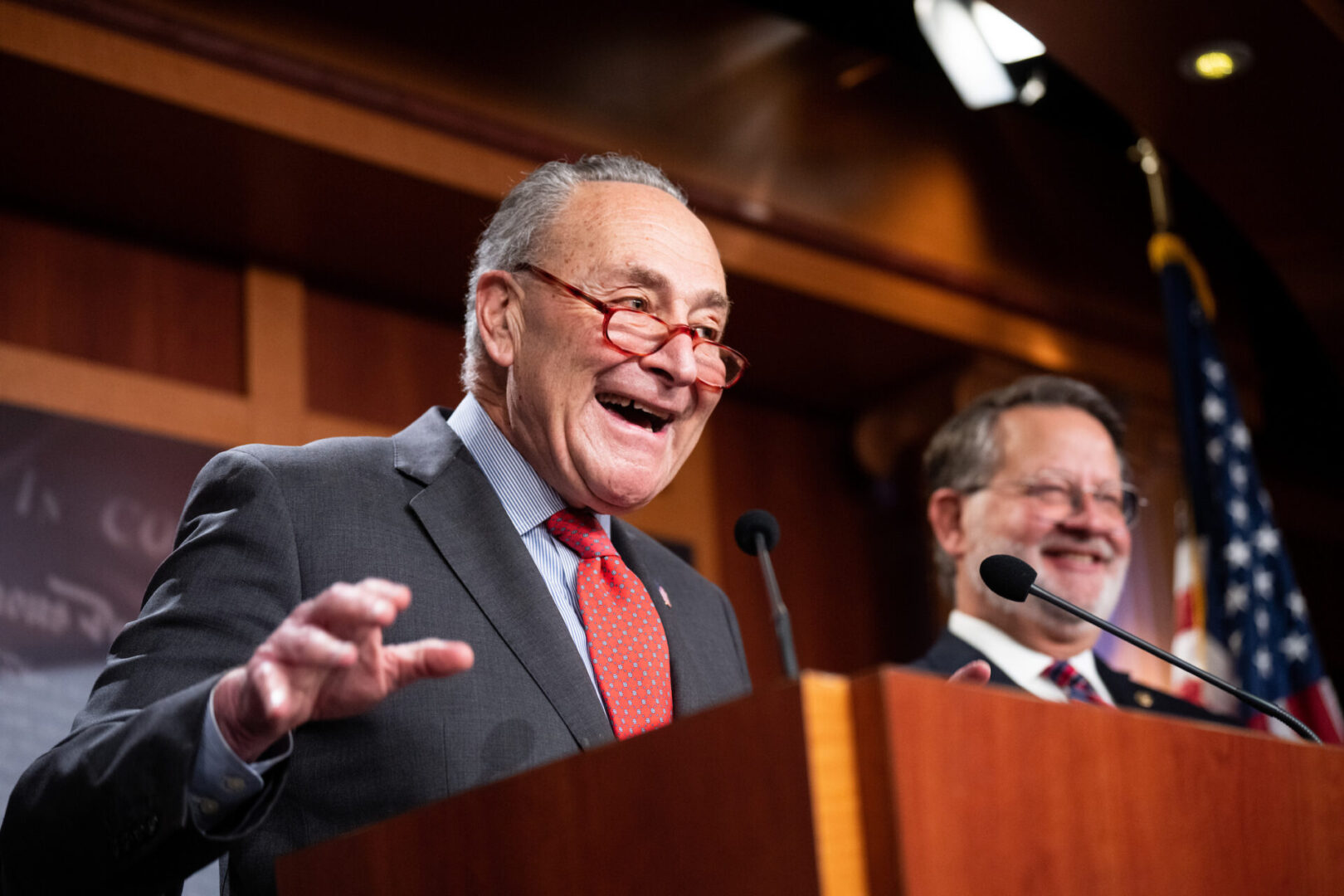 Senate Majority Leader Charles E. Schumer, left, and Senate campaign chairman Gary Peters were all smiles in December as they discussed election results at a news conference, but 2024's challenges are very different. 