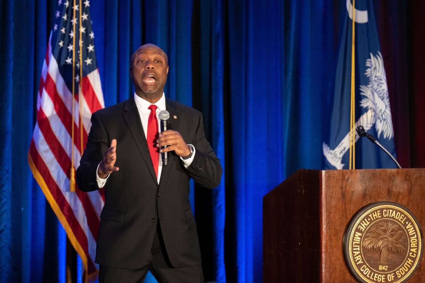 Sen. Tim Scott, R-S.C., speaks at The Citadel Holliday Alumni Center in Charleston, S.C., on Feb. 16. 