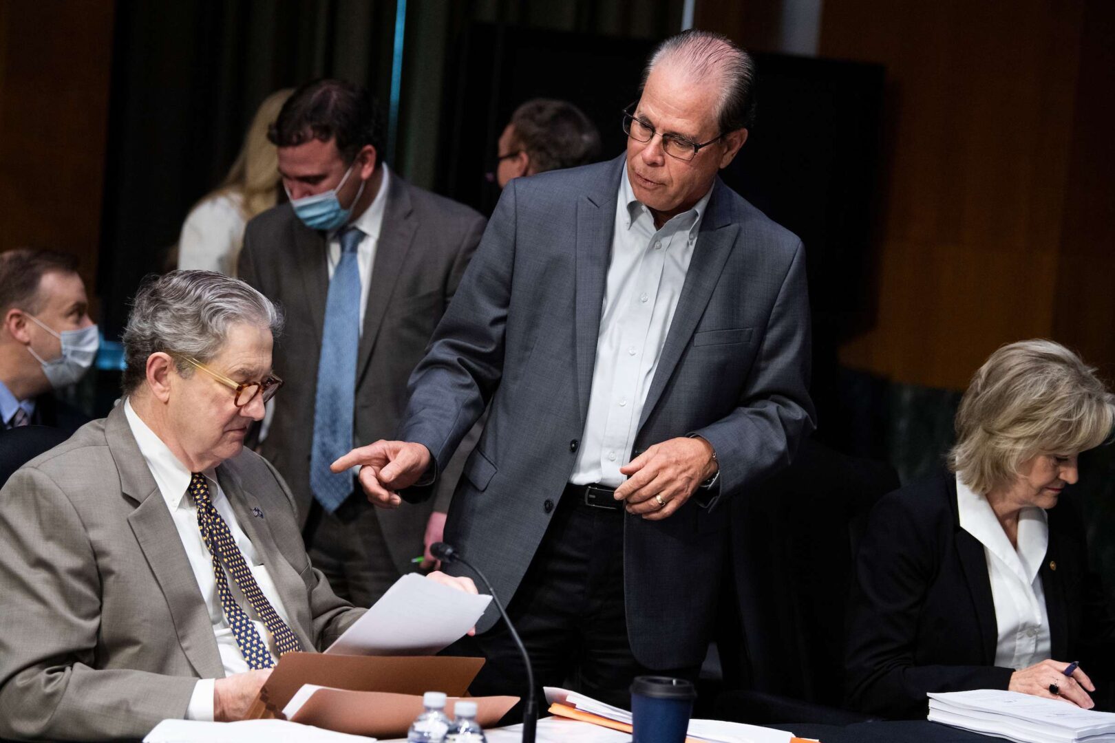 Sens. John Kennedy, R-La., left, and Mike Braun, R-Ind., seen here at a Senate Appropriations Committee markup in 2021, said they opposed more funds to address an expected increase in migrants on the U.S.-Mexico border. 
