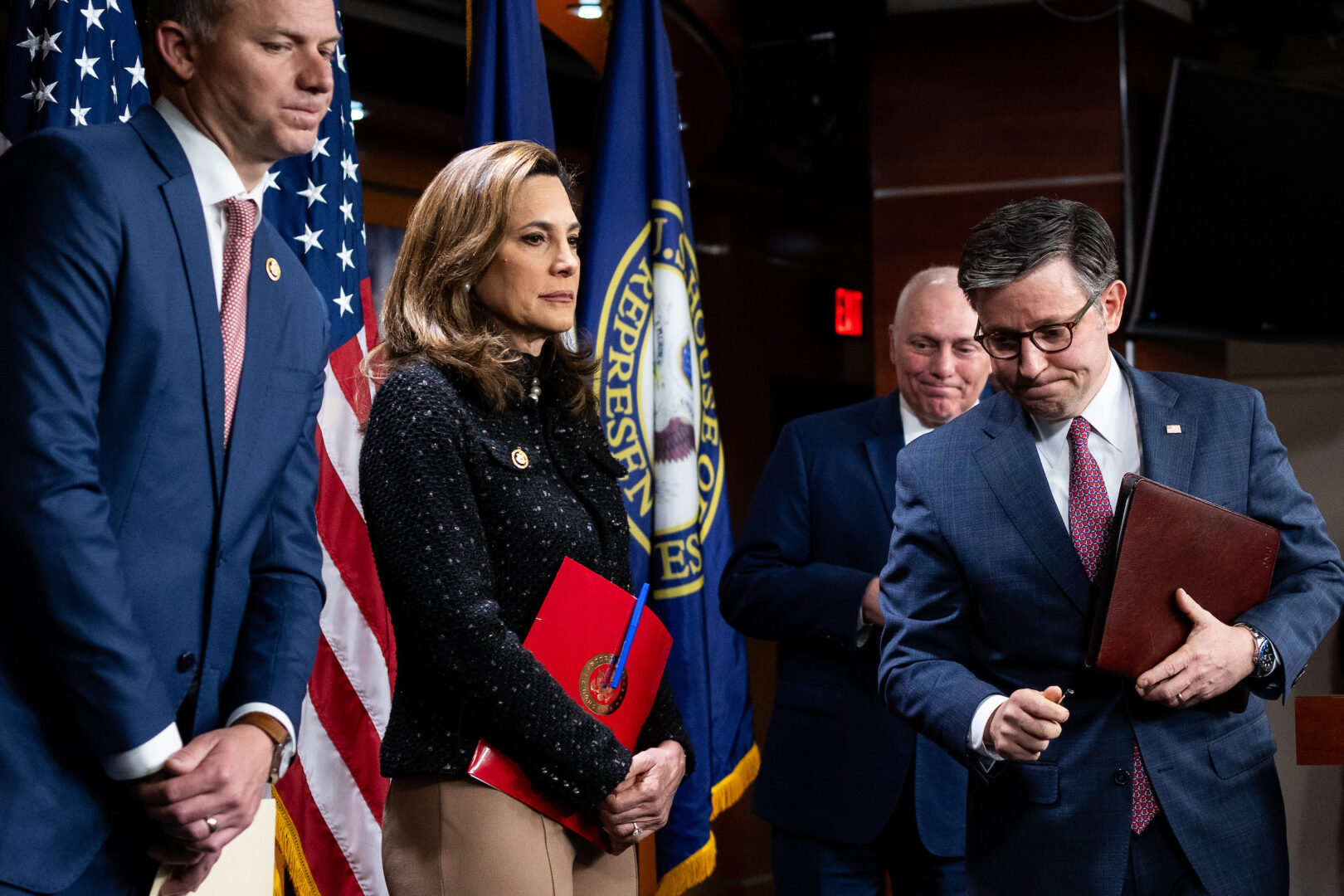 Speaker Mike Johnson, R-La., right, wraps up the House GOP news conference Wednesday that touched on reauthorization of Section 702 of the Foreign Intelligence Surveillance Act. On the left are Rep. Blake D. Moore, R-Utah, Rep. Maria Elvira Salazar, R-Fla., and House Majority Leader Steve Scalise, R-La.