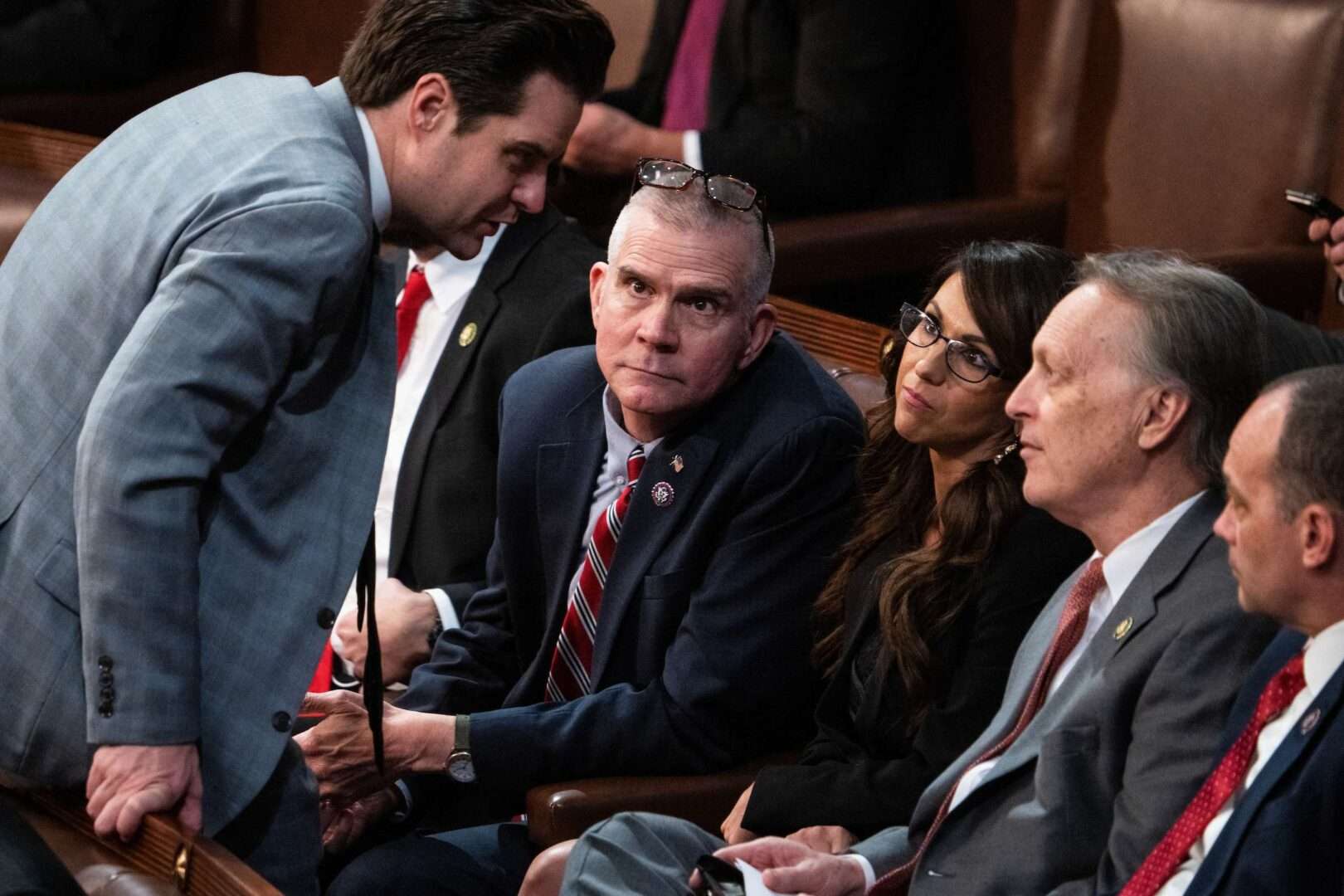 The battle over choosing a speaker last week took place before House rules were adopted, so C-SPAN was able to show more of the floor action of members huddling together. On Friday, the group opposing the choice of California Republican Kevin McCarthy included from left, Republican Reps. Matt Gaetz, Matt Rosendale, Lauren Boebert, Andy Biggs and Bob Good.