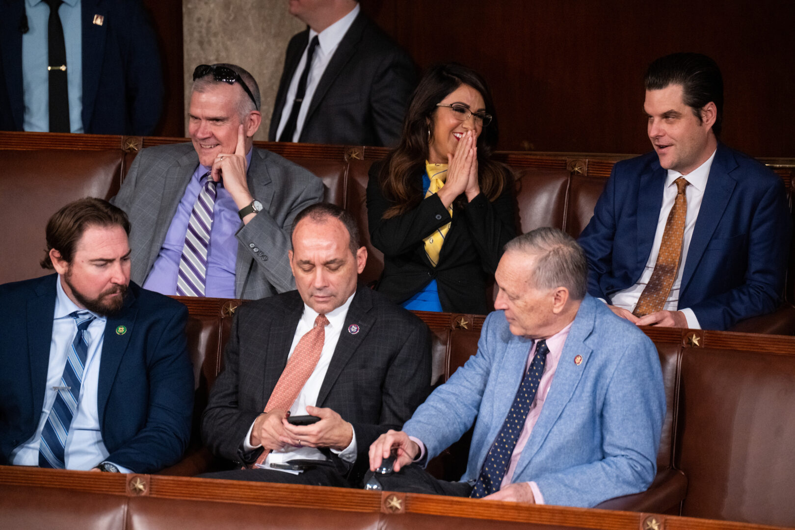 From left, Reps. Eli Crane, R-Ariz.; Matt Rosendale, R-Mont.; Bob Good, R-Va.; Lauren Boebert, R-Colo.; Andy Biggs, R-Ariz.; and Matt Gaetz, R-Fla., sit together during the third failed vote to elect a new speaker of the House on Oct. 20. 