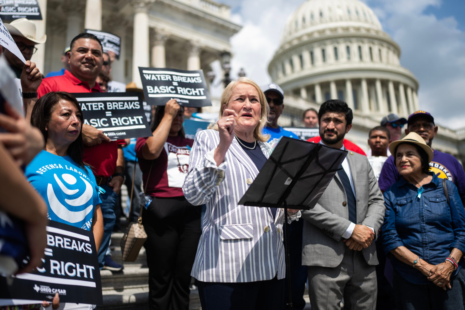 Rep. Sylvia R. Garcia, D-Texas, speaks during a vigil and "thirst strike" for workers’ rights on the House steps of the Capitol in 2023. The strike followed members of Congress pressing the Biden administration to implement an OSHA workplace heat standard.