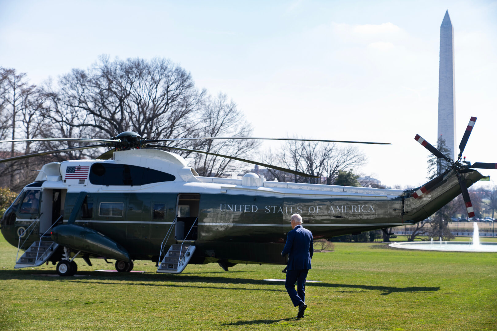 President Joe Biden walks toward Marine One on the South Lawn of the White House on Feb. 20, 2024.