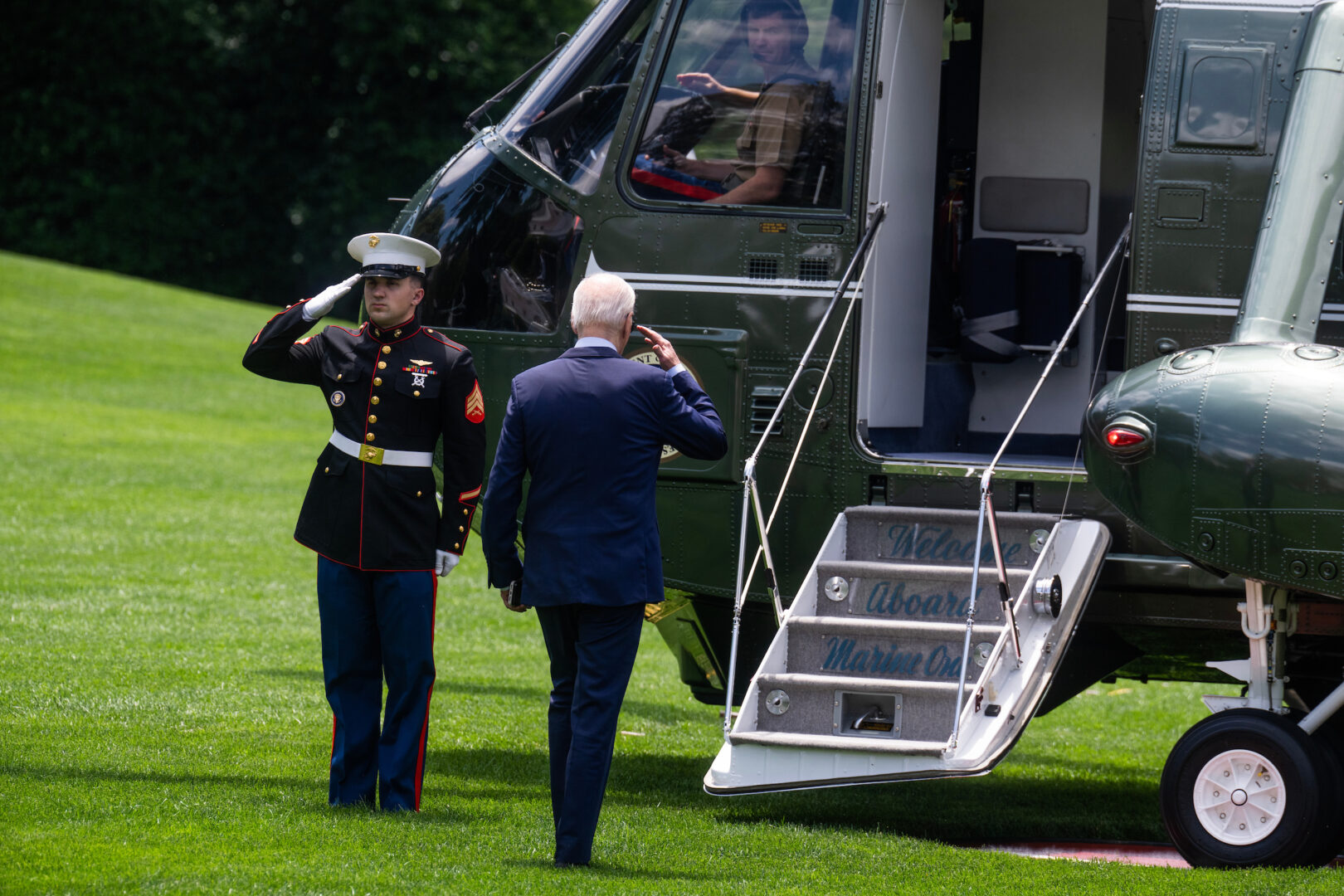 President Joe Biden boards Marine One en route to Philadelphia on the South Lawn of the White House on May 29. 